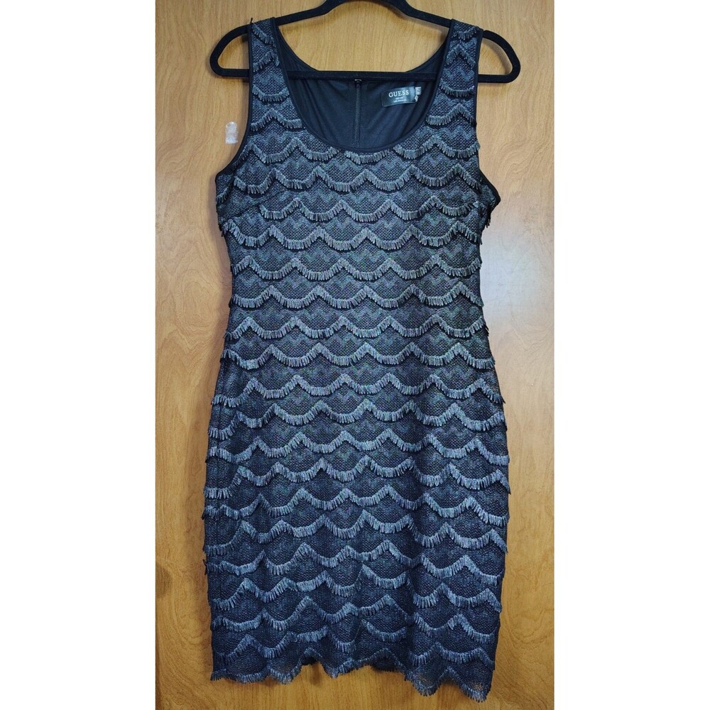 GUESS Scalloped Fringe Dress Sleeveless Black Sz 12 Goth Glam Flapper Victorian